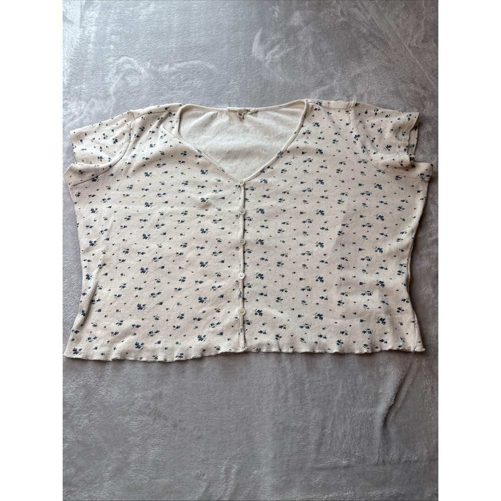 Hesperus Women 2X Crop Top Cream Blue Ditsy Floral Cotton Pointelle Lettuce Hem